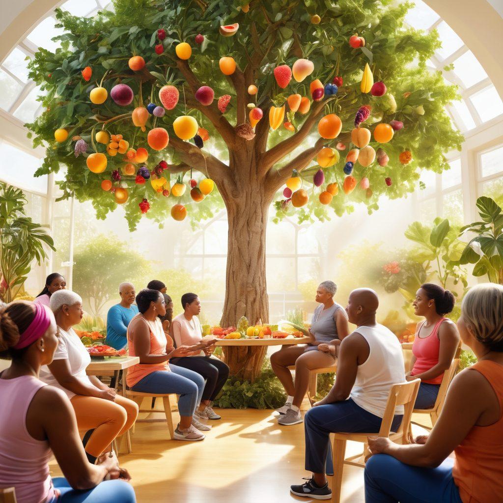 A powerful scene depicting a diverse group of cancer survivors engaging in a health education workshop, surrounded by vibrant visuals of healthy foods, exercise equipment, and supportive community. In the background, a tree symbolizing growth and transformation, with rays of sunlight shining through. Emphasize hope and positivity with warm colors and inviting atmosphere. super-realistic. vibrant colors. white background.