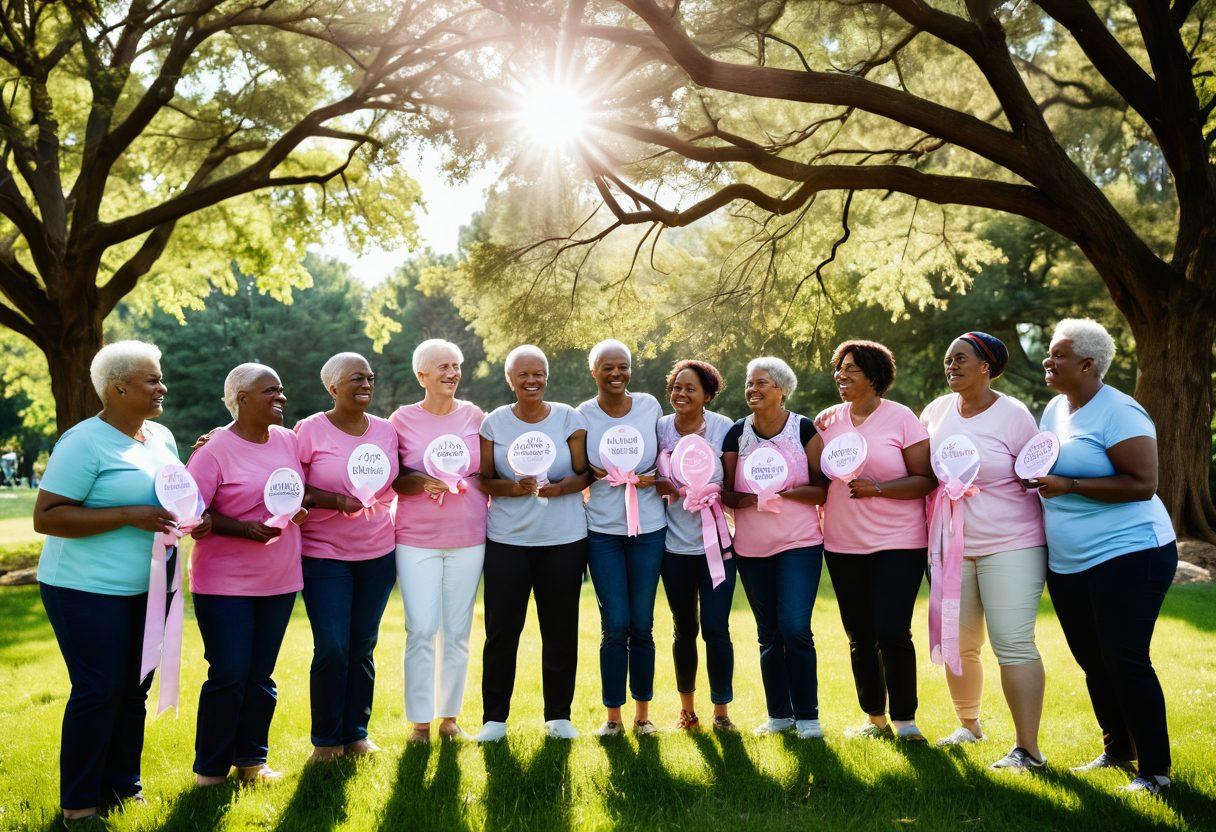An inspiring scene of a diverse group of cancer survivors gathered in a circle, sharing stories and smiling, surrounded by greenery and sunlight filtering through trees. Include elements of hope, such as colorful ribbons representing different cancer awareness. Incorporate supportive messages on banners in the background. soft focus, warm colors, natural light.