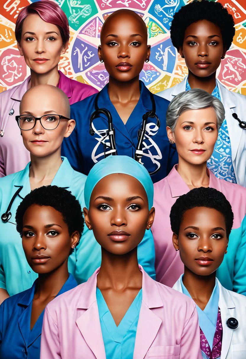 A visually striking representation of a diverse group of cancer survivors, standing together with hope in their eyes, surrounded by symbols of medical research such as DNA strands, microscopes, and support ribbons. The background should be a blend of soft pastels representing tranquility and strength, while the survivors are depicted with vibrant colors to symbolize their empowerment. The scene conveys a sense of community and resilience. super-realistic. vibrant colors. inspirational.